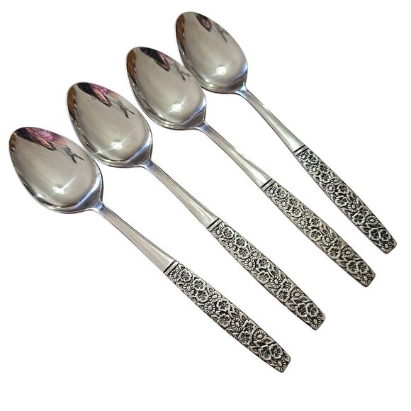 4 Rogers Fragrant Rose Soup Spoon 7" stainless MCM Mod daisy floral Japan 70s vt - Picture 1 of 8